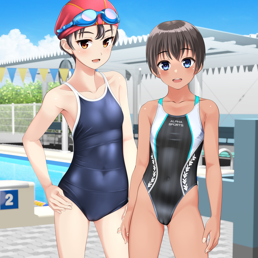 2girls absurdres bench black_hair black_one-piece_swimsuit blue_eyes blue_one-piece_swimsuit blue_sky brown_eyes cameltoe cloud collarbone commentary_request competition_school_swimsuit competition_swimsuit covered_navel day feet_out_of_frame flat_chest goggles goggles_on_head hand_on_own_hip highres lane_line long_hair multicolored_clothes multicolored_swimsuit multiple_girls one-piece_swimsuit open_mouth original outdoors pool pool_ladder poolside red_headwear round_teeth school_swimsuit short_hair sky smile standing starting_block string_of_flags striped striped_one-piece_swimsuit swim_cap swimsuit takafumi tan teeth tomboy upper_teeth_only variant_set vertical-striped_one-piece_swimsuit vertical_stripes