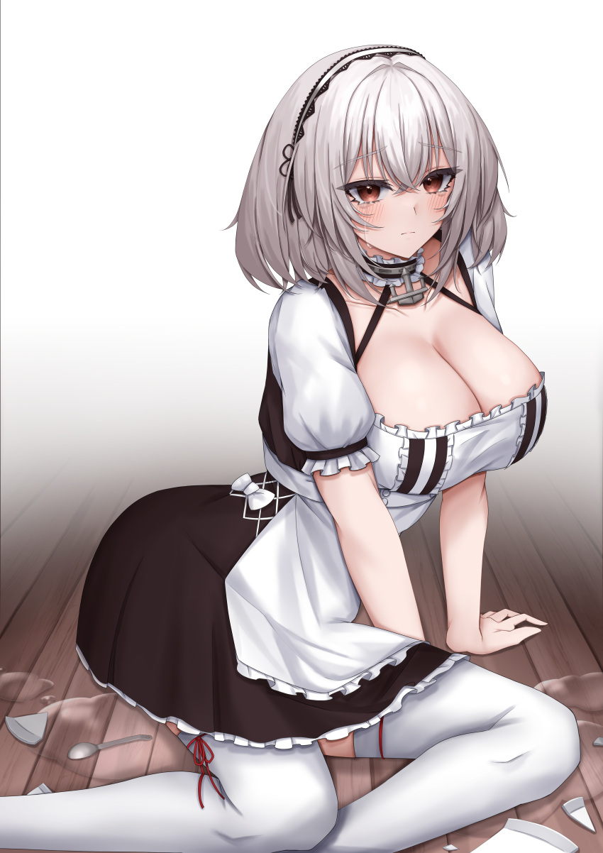 1girl absurdres anchor_choker apron arm_support azur_lane breasts choker cleavage crying crying_with_eyes_open frilled_choker frills hairband highres lace-trimmed_hairband lace_trim maid medium_hair on_floor puffy_short_sleeves puffy_sleeves red_eyes seiza short_sleeves sirius_(azur_lane) sitting tears thighhighs ueyama_0clock white_apron white_hair white_thighhighs