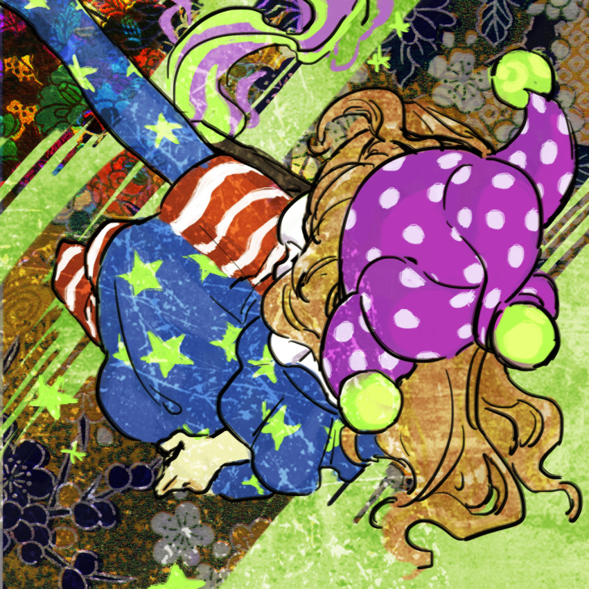 1girl abstract_background american_flag american_flag_dress american_flag_pants blonde_hair clownpiece commentary_request dress flower from_above hat highres jester_cap kaigen_1025 leg_up long_hair neck_ruff pantyhose polka_dot polka_dot_headwear purple_headwear sitting star_(symbol) star_print striped striped_dress striped_pantyhose touhou