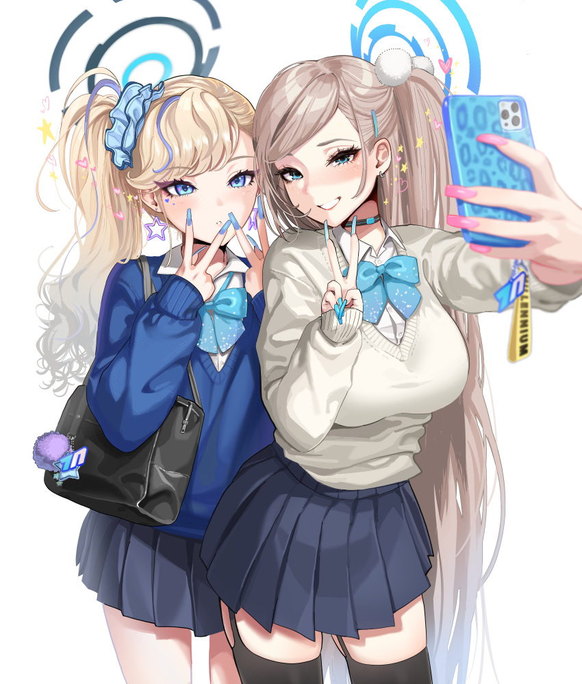 2girls aa2mee absurdres alternate_hairstyle asuna_(blue_archive) asymmetrical_bangs bag black_halo black_skirt black_thighhighs blonde_hair blue_archive blue_bow blue_bowtie blue_eyes blue_halo blue_nails blue_sweater blurry blush bow bowtie breasts cellphone choker collared_shirt cowboy_shot depth_of_field double_v earrings facial_mark fake_nails fingernails garter_straps grin gyaru hair_behind_ear hair_ornament hair_tuft hairclip halo handbag heart heart_facial_mark highres jewelry kogal large_breasts leaning_forward long_fingernails long_hair long_sleeves loose_bowtie miniskirt multicolored_hair multiple_girls parted_lips phone pink_nails pleated_skirt school_swimsuit school_uniform scrunchie selfie shirt side_ponytail simple_background skirt smartphone smile star_(symbol) star_earrings starry_sky_print streaked_hair sweater swept_bangs swimsuit thick_eyelashes thighhighs toki_(blue_archive) tsurime v v-neck very_long_hair white_background white_shirt zettai_ryouiki
