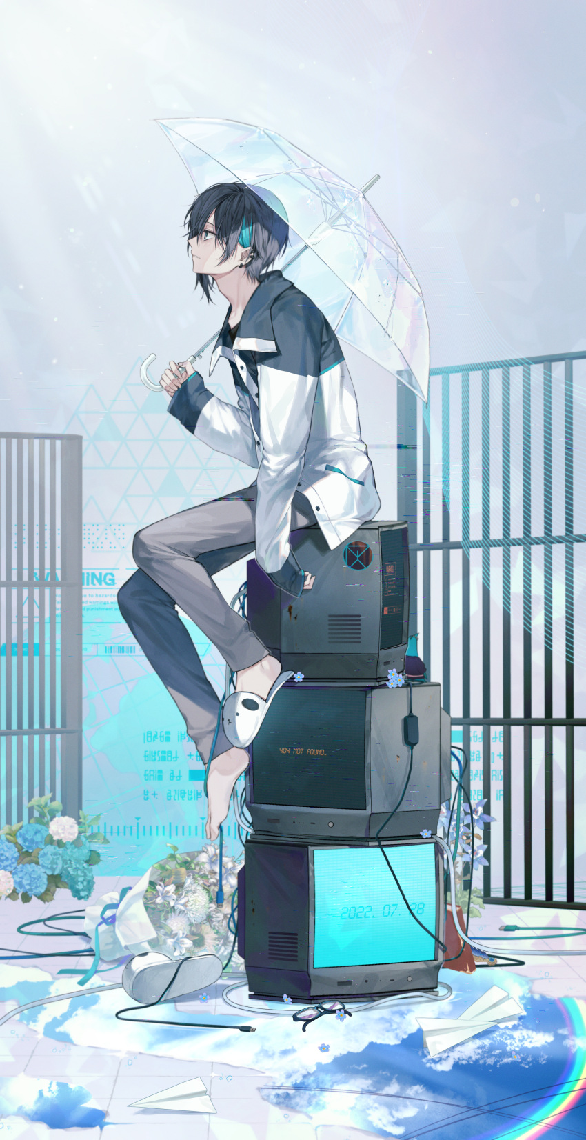 1boy absurdres black-framed_eyewear black_hair black_jacket blue_flower bouquet cloud commentary_request crt flower green_hair highres holding holding_umbrella jacket looking_to_the_side male_focus mayuzumi_kai mayuzumi_kai_(1st_costume) moro_(from_m0r0) multicolored_clothes multicolored_hair multicolored_jacket nijisanji open_gate paper_airplane puddle rainbow reflection short_hair sitting sitting_on_object slippers solo streaked_hair television transparent transparent_umbrella two-tone_jacket umbrella unworn_footwear virtual_youtuber white_flower white_footwear white_jacket