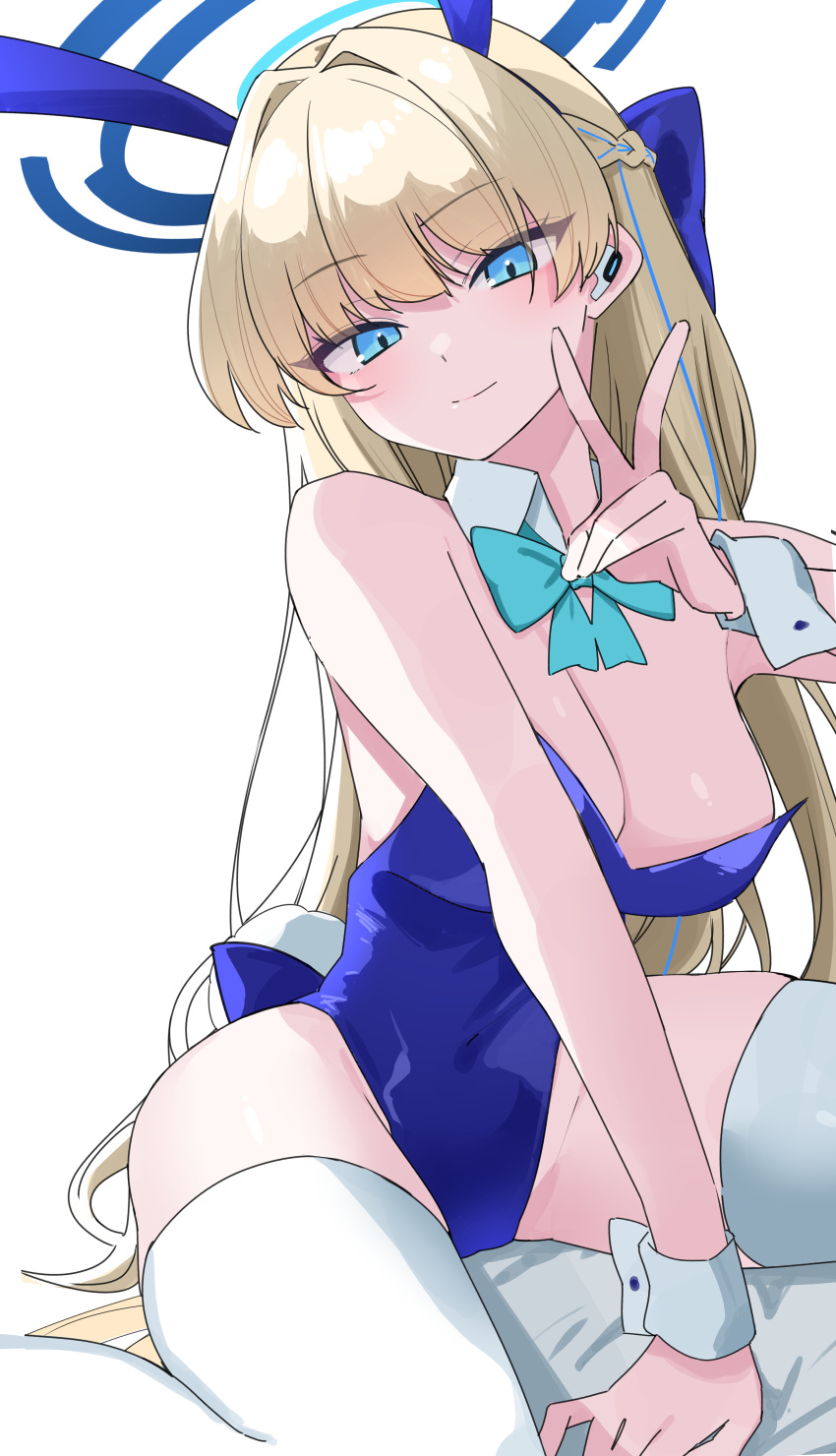 1girl absurdres aqua_bow aqua_bowtie bare_shoulders blonde_hair blue_archive blue_bow blue_eyes blue_halo blue_necktie blunt_bangs blush bow bowtie braid breasts cleavage collar commentary covered_navel detached_collar earpiece earrings french_braid hair_bow halo hand_up highres ichiki_1 jewelry leotard long_hair looking_at_viewer medium_breasts necktie playboy_bunny simple_background sitting smile solo strapless strapless_leotard stud_earrings thighhighs toki_(blue_archive) toki_(bunny)_(blue_archive) v wariza white_background white_collar white_thighhighs white_wrist_cuffs
