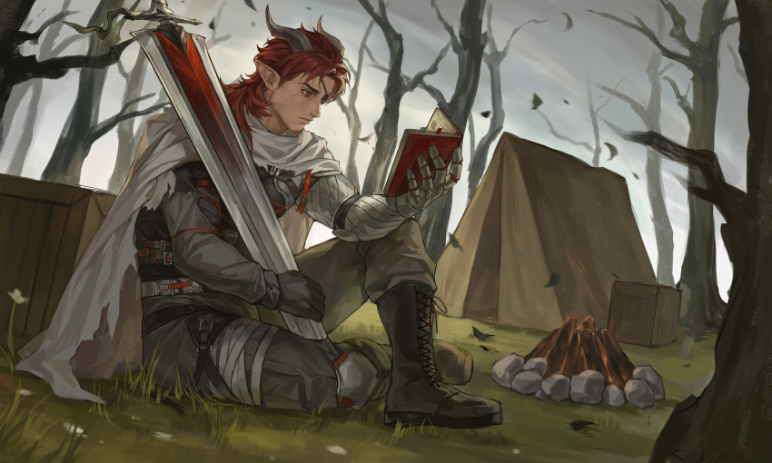 1boy aixiwuganda_(20222192) arknights bare_tree book campfire cape chinese_commentary commentary_request crate demon_boy demon_horns eyepatch falling_leaves highres hoederer_(arknights) holding holding_book horns leaf male_focus on_grass on_ground one_eye_covered open_book overcast reading red_eyes red_hair scar scar_on_face sitting sky sword tent tree weapon white_cape