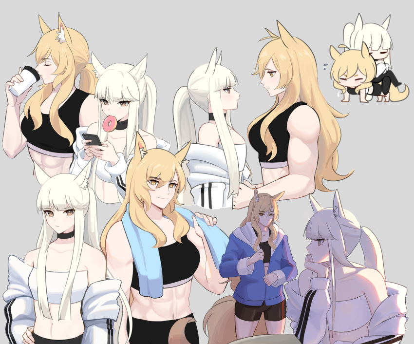 2girls alternate_costume animal_ear_fluff animal_ears arknights armband bare_shoulders black_choker black_shorts black_sports_bra blonde_hair blunt_bangs breasts cellphone choker cup doughnut drinking english_commentary food food_in_mouth from_side grey_background hand_on_own_hip highres holding holding_cup holding_phone horse_ears jacket long_hair long_sleeves looking_at_another medium_breasts midriff mouth_hold multiple_girls multiple_views navel nearl_(arknights) off_shoulder open_clothes open_jacket phone platinum_(arknights) profile redrawn shorts sidelocks simple_background smartphone sports_bra stomach strapless supershrimpcakes towel towel_around_neck tube_top white_hair yellow_eyes