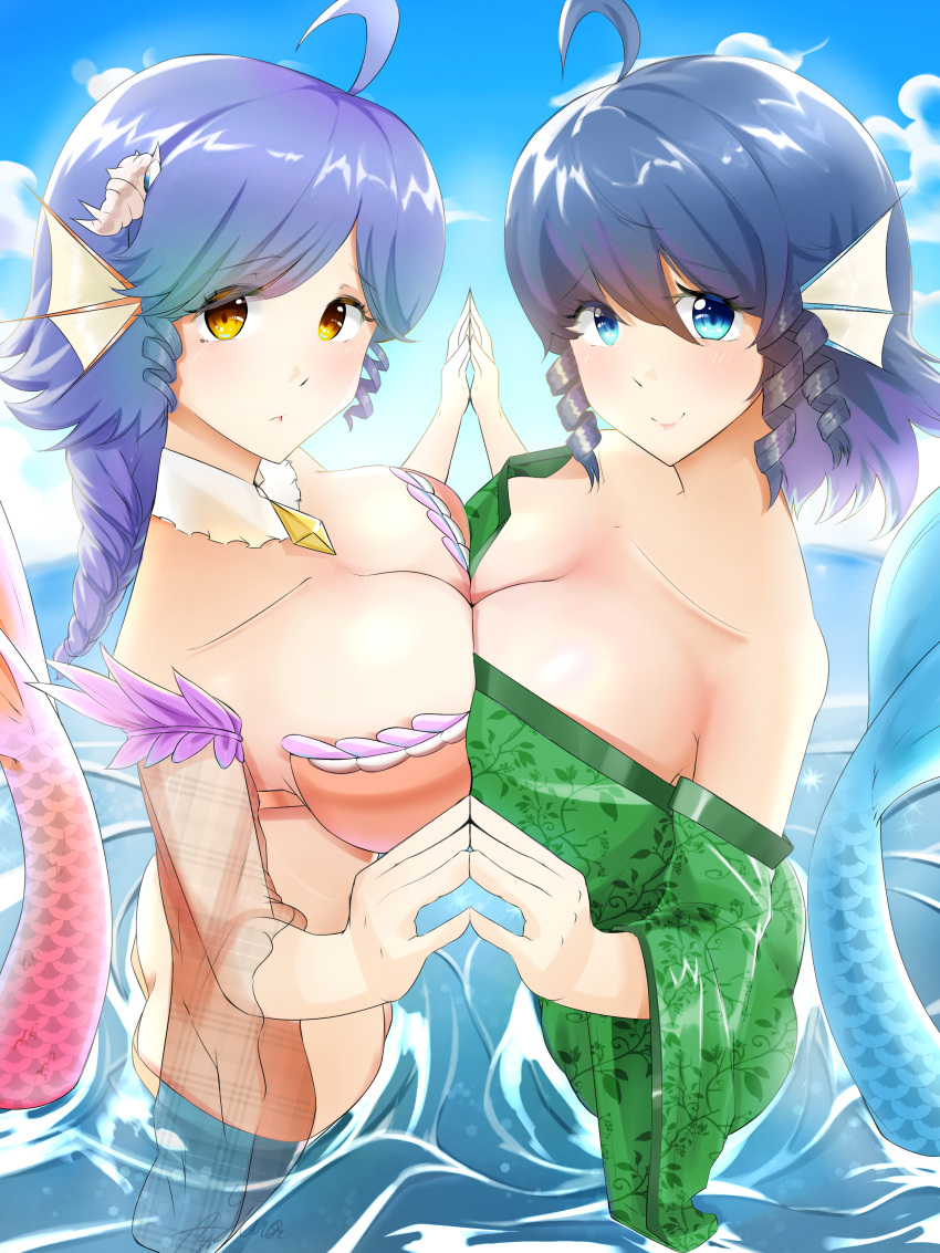 2girls absurdres ahoge blue_eyes blue_hair blue_sky breast_press breasts cleavage closed_mouth cloud drill_hair drill_sidelocks fins green_kimono guardian_tales head_fins highres japanese_clothes kimono large_breasts looking_at_viewer mermaid monster_girl multiple_girls ocean ponytail sia_(guardian_tales) sidelocks sky species_connection symmetrical_docking touhou wakasagihime yellow_eyes yuno_(kitsune)