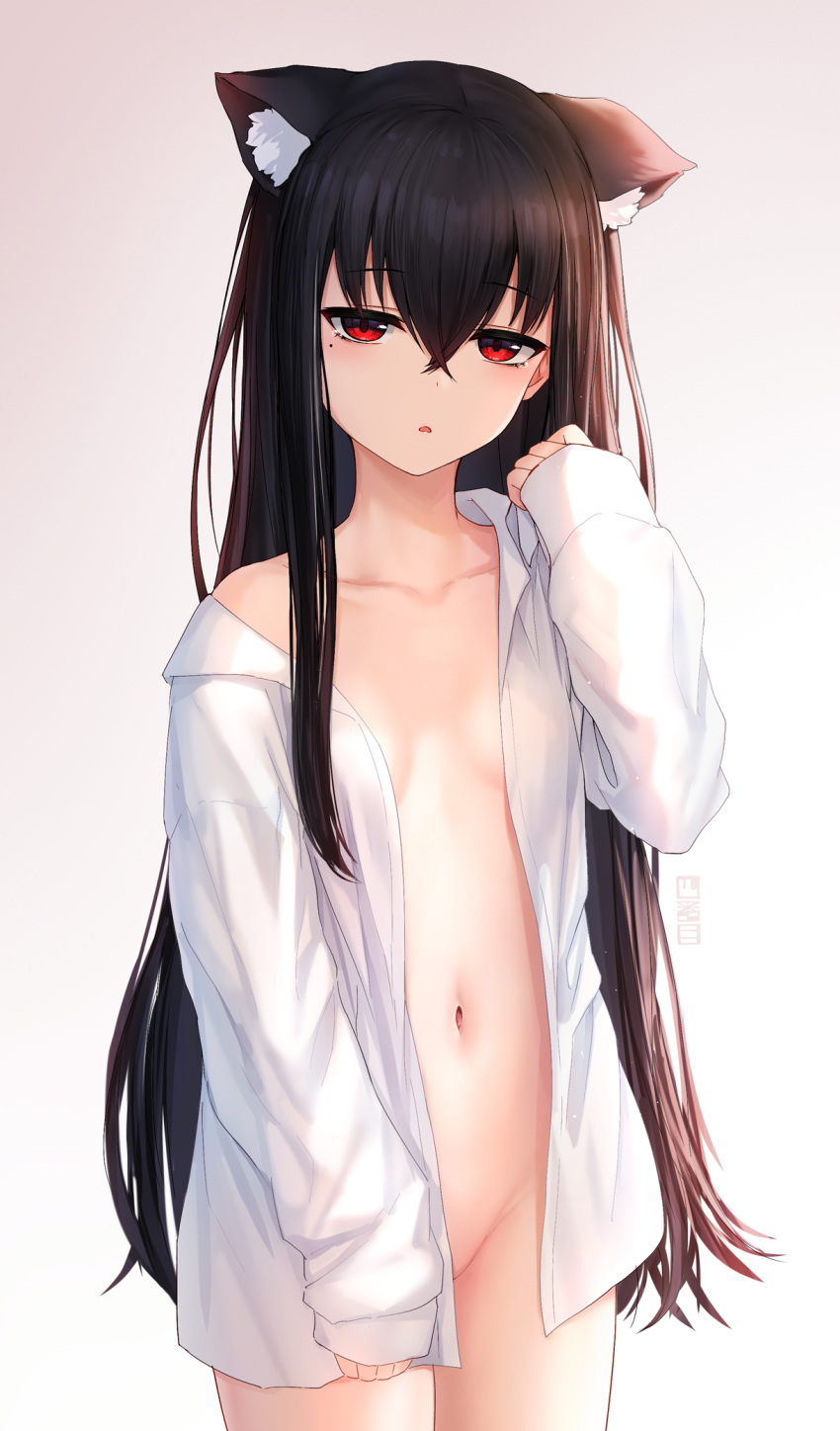 1girl animal_ears black_hair bottomless breasts cat_ears cat_girl highres long_hair long_sleeves looking_at_viewer naked_shirt navel off_shoulder open_clothes open_shirt original parted_lips red_eyes shibanme_tekikumo shirt sleepy sleeves_past_wrists small_breasts stomach very_long_hair white_shirt xingye