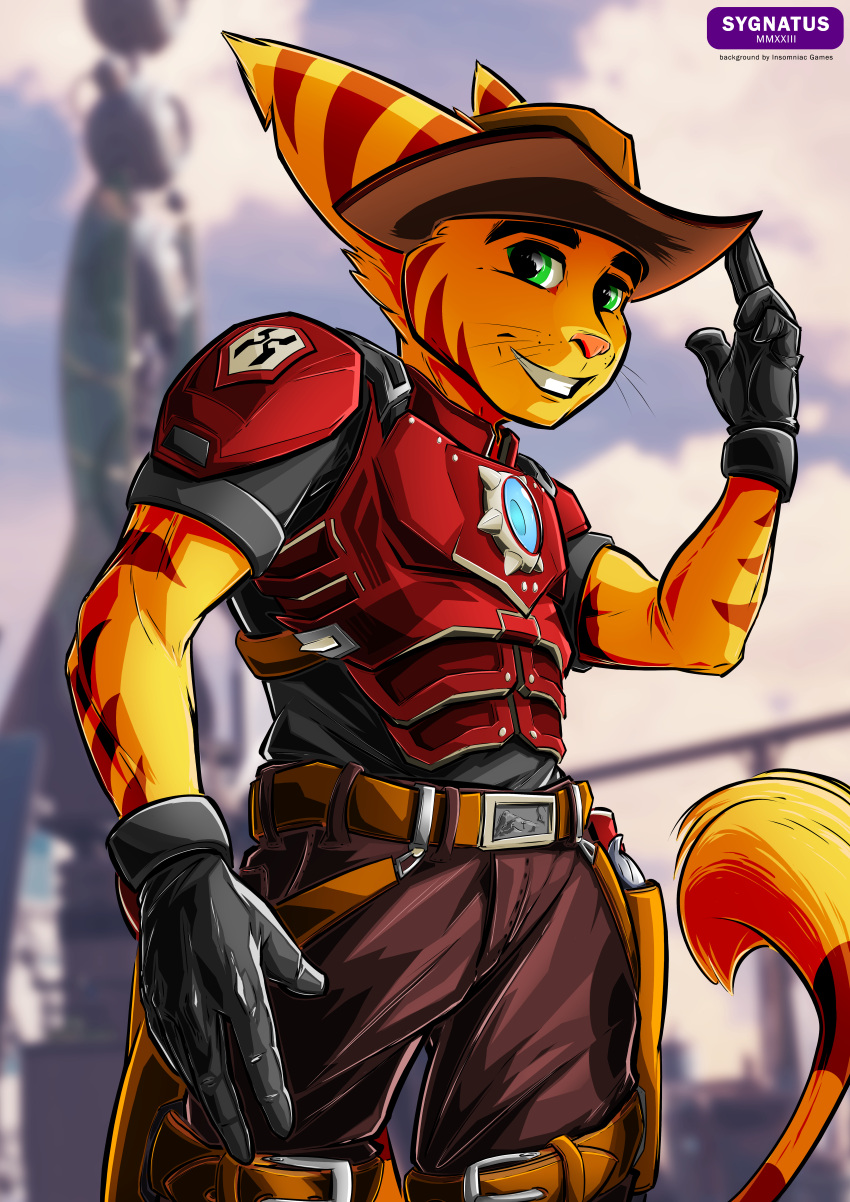 absurd_res anthro armor boots clothing duster_coat footwear gloves gun handgun handwear hi_res kaden lombax male mammal ranged_weapon ratchet_and_clank revolver solo sony_corporation sony_interactive_entertainment stripes sygnatus weapon