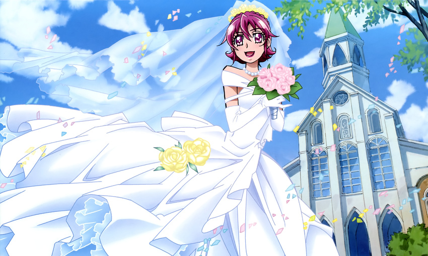 absurdres aida_mana alternate_hairstyle blue_sky bouquet bridal_gauntlets bridal_veil church cloud day dokidoki!_precure dress flower half_updo highres lipstick makeup official_art older open_mouth pink_eyes pink_flower pink_hair pink_rose precure rose short_hair sky smile solo ueno_ken veil wedding_dress white_dress wind yellow_flower yellow_rose