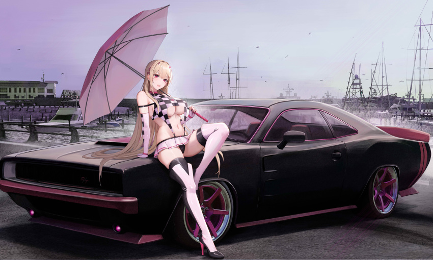 1girl absurdres alternate_costume black_panties blonde_hair breasts car checkered_clothes commission dodge_challenger elbow_gloves fingerless_gloves gloves goddess_of_victory:_nikke harbor high_heels highres holding holding_umbrella horns kcar66t leaning_against_vehicle leaning_back long_hair looking_at_viewer miniskirt motor_vehicle nail_polish navel open_mouth outdoors panties pink_eyes pink_horns pink_nails pleated_skirt race_queen revealing_clothes sideboob skirt sleeveless sleeveless_turtleneck solo thighhighs turtleneck umbrella underboob underwear very_long_hair viper_(nikke) yacht