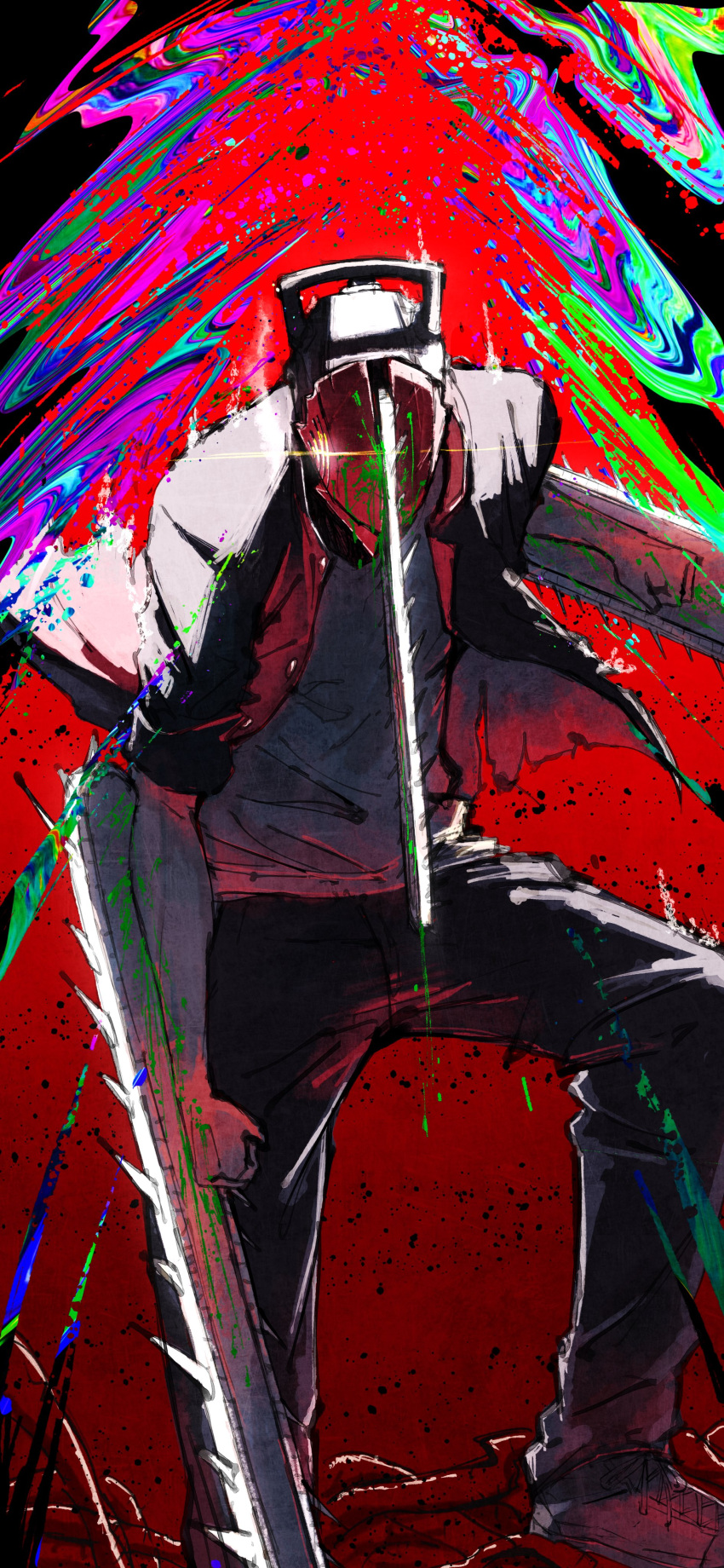 1boy absurdres black_pants blood blood_on_weapon blood_spray chainsaw chainsaw_man commentary_request denji_(chainsaw_man) erupusai2 glowing glowing_eye handle highres intestines jacket multicolored_background open_clothes open_jacket pants red_background shirt shoes simple_background sleeves_rolled_up solo stylized_blood torn_clothes weapon