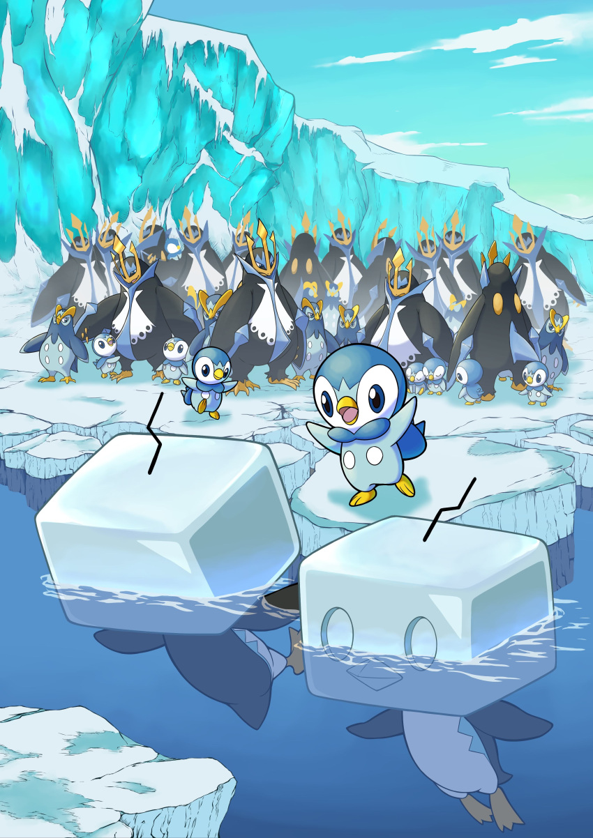 absurdres afloat bird cloud commentary_request day eiscue eiscue_(ice) empoleon evolutionary_line highres ice no_humans open_mouth outdoors penguin piplup pokemon pokemon_(creature) prinplup q-chan sky snow standing water