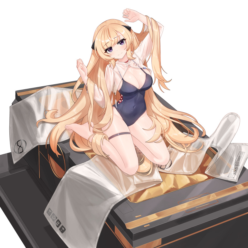 1girl absurdres arm_up awakening_(neural_cloud) bag barefoot blonde_hair blue_leotard breasts collarbone commission covered_navel full_body g3_(girls'_frontline) girls'_frontline girls'_frontline_neural_cloud hair_ornament hand_up highres large_breasts leotard long_hair looking_at_viewer nabiyan pixiv_commission plastic_bag purple_eyes see-through seiza sitting smile solo thigh_strap very_long_hair white_background