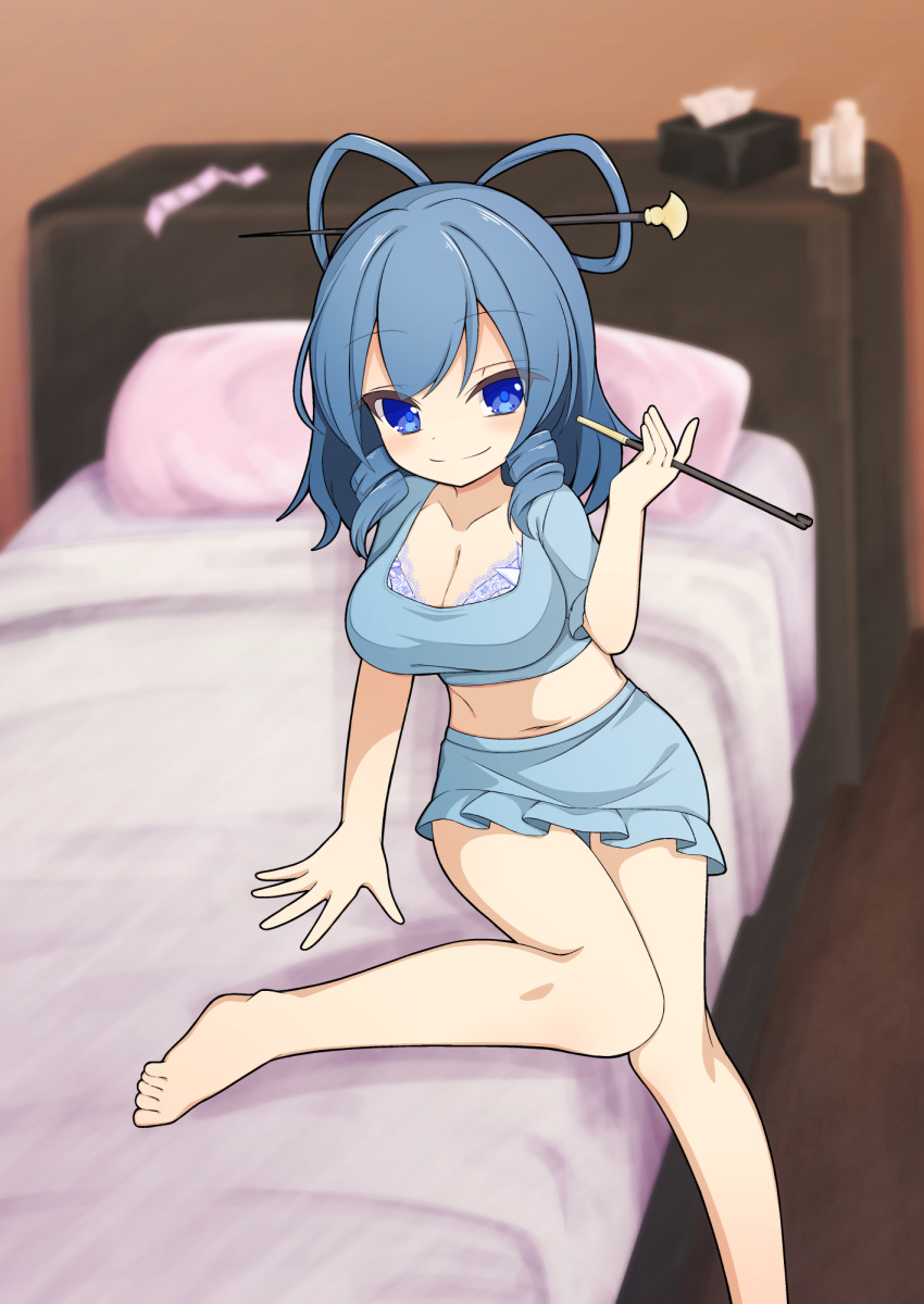 1girl barefoot bed bedroom blue_bra blue_eyes blue_shirt blue_sky blurry blurry_background bra chisel closed_mouth commentary condom condom_wrapper crop_top drill_hair drill_sidelocks hair_ornament hair_rings hair_stick hekkmushi highres indoors kaku_seiga looking_at_viewer pillow shirt sidelocks sky smile smoking_pipe solo tissue_box touhou underwear