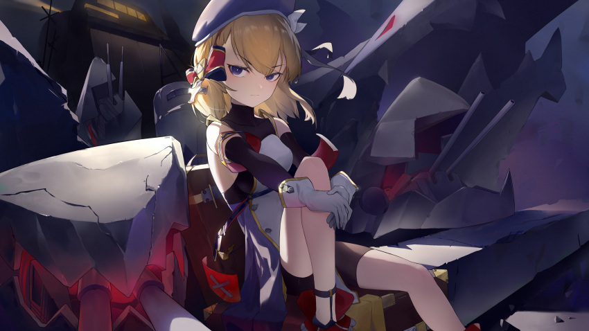 1girl absurdres azur_lane bare_shoulders beret blonde_hair bow breasts buttons cross detached_sleeves double-breasted feet_out_of_frame gloves hair_between_eyes hair_bow hat highres hiraba iron_cross medium_breasts medium_hair purple_eyes purple_headwear rigging shorts sitting solo white_gloves z23_(azur_lane)