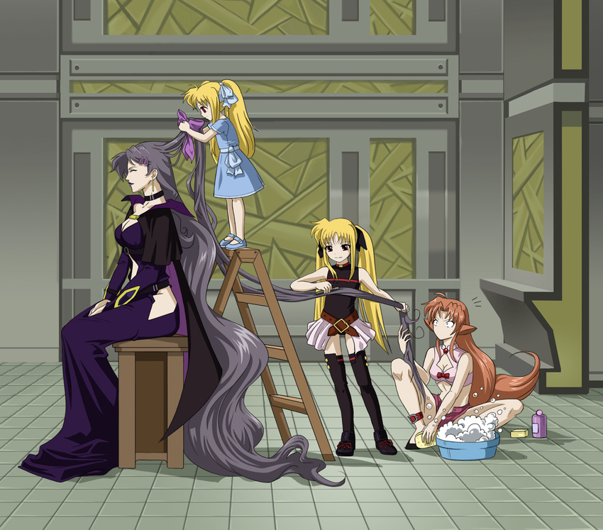 absurdly_long_hair alicia_testarossa animal_ears arf black_legwear blonde_hair breasts cape cleavage closed_eyes comb combing dress earrings fate_testarossa foam hair_ornament hair_ribbon hairclip highres hip_vent jewelry ladder lipstick long_dress long_hair lyrical_nanoha mahou_shoujo_lyrical_nanoha makeup medium_breasts midriff mother_and_daughter multiple_girls precia-t precia_testarossa purple_hair purple_lipstick red_eyes red_hair ribbon shampoo siblings sisters sitting skirt tail thighhighs twintails very_long_hair wolf_ears wolf_tail