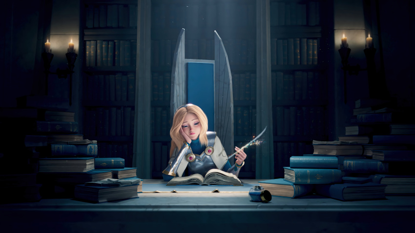 1girl absurdres armor blonde_hair book game_cg highres ink_bottle league_of_legends league_of_legends:_wild_rift library lux_(league_of_legends) quill reading sunlight