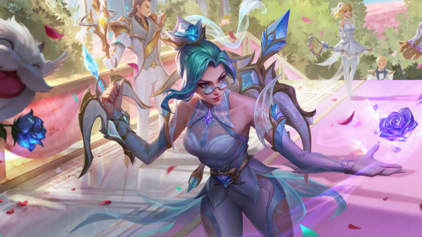 absurdres blue_flower blue_rose crystal_rose_ezreal crystal_rose_jarvan_iv crystal_rose_lux crystal_rose_vayne ezreal flower glasses green_hair highres jarvan_iv_(league_of_legends) league_of_legends league_of_legends:_wild_rift lux_(league_of_legends) official_art poro_(league_of_legends) rose vayne_(league_of_legends)