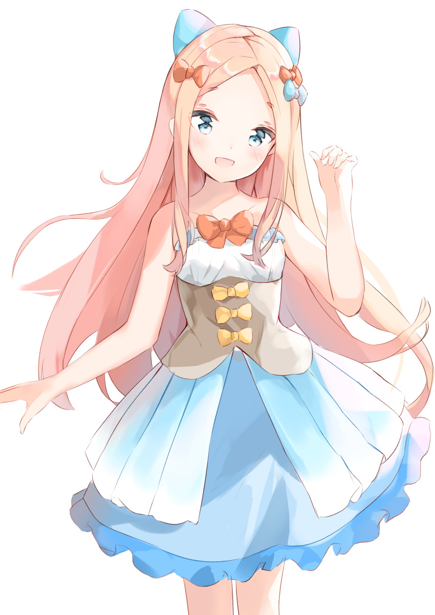 1girl :d abigail_williams_(fate) absurdres bare_arms bare_shoulders blonde_hair blue_bow blue_eyes blue_skirt blush bow breasts collarbone commentary_request fate/grand_order fate_(series) hair_bow hand_up head_tilt highres long_hair looking_at_viewer orange_bow parted_bangs pleated_skirt simple_background skirt small_breasts smile solo standing very_long_hair white_background yellow_bow yukaa