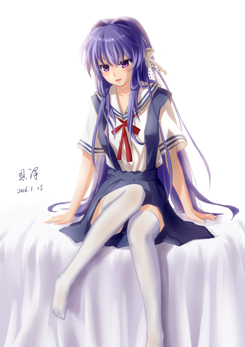 1girl 2016 :d absurdres arms_at_sides bed_sheet blue_skirt blush chinese_commentary clannad commentary_request crossed_bangs dated eyebrows_hidden_by_hair foot_out_of_frame fujibayashi_kyou hair_intakes hair_over_shoulder hair_ribbon high-waist_skirt highres hikarizaka_private_high_school_uniform knee_up knees_together_feet_apart legs long_hair looking_at_viewer no_shoes nose open_mouth painttool_sai_(medium) partial_commentary purple_eyes purple_hair red_ribbon ribbon sailor_collar school_uniform serafuku shirt short_sleeves sidelocks signature simple_background sitting skirt smile straight_hair summer_uniform suspender_skirt suspenders thighhighs tress_ribbon v-shaped_eyebrows very_long_hair white_background white_ribbon white_sailor_collar white_shirt white_thighhighs xiaobanbei_milk zettai_ryouiki