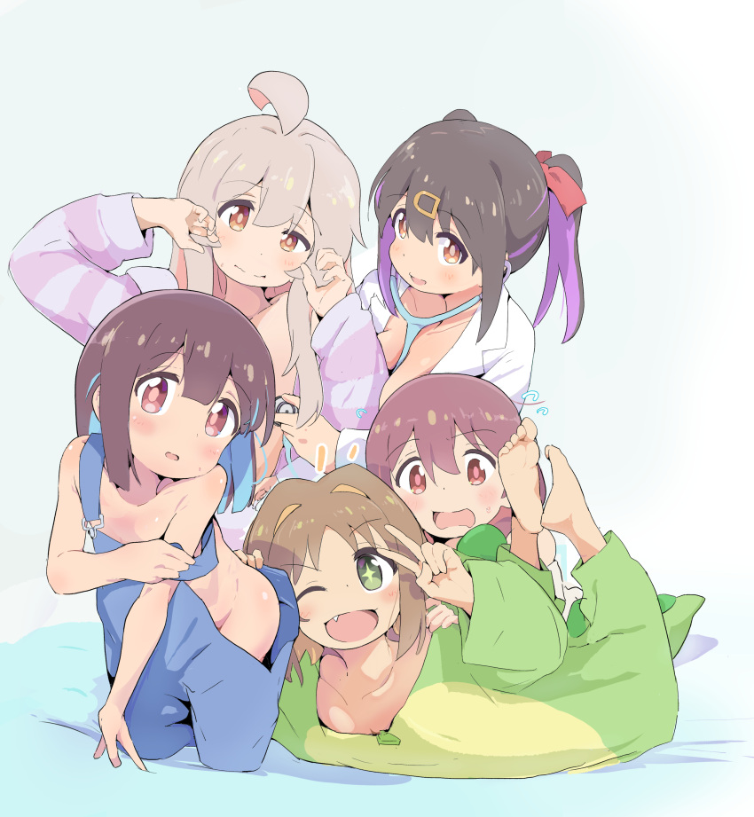 +_- 5girls absurdres ahoge black_hair blush breasts brown_hair collarbone green_eyes hair_ornament hair_ribbon highres hozuki_momiji lab_coat light_brown_hair long_hair looking_at_viewer medium_breasts multiple_girls murairamuraiari murosaki_miyo no_bra no_panties oka_asahi one_eye_closed onii-chan_wa_oshimai! open_mouth orange_eyes oyama_mahiro oyama_mihari pajamas pink_hair red_eyes red_hair ribbon short_hair siblings sisters stethoscope suspenders suspenders_slip sweatdrop twintails v