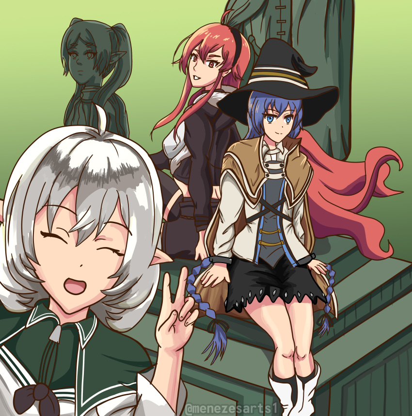 3girls absurdres crossover elf eris_(konosuba) eris_greyrat frieren highres menezesarts1 multiple_girls mushoku_tensei pointy_ears roxy_migurdia sousou_no_frieren sylphiette_(mushoku_tensei)