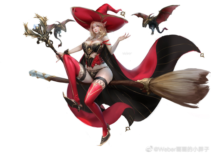 1girl blonde_hair blue_eyes breasts broom broom_riding cape cleavage curvy elf fingernails hat large_breasts long_fingernails long_hair looking_at_viewer mage_staff mini_dragon original pointy_ears red_nails red_thighhighs thighhighs weber white_background witch witch_hat