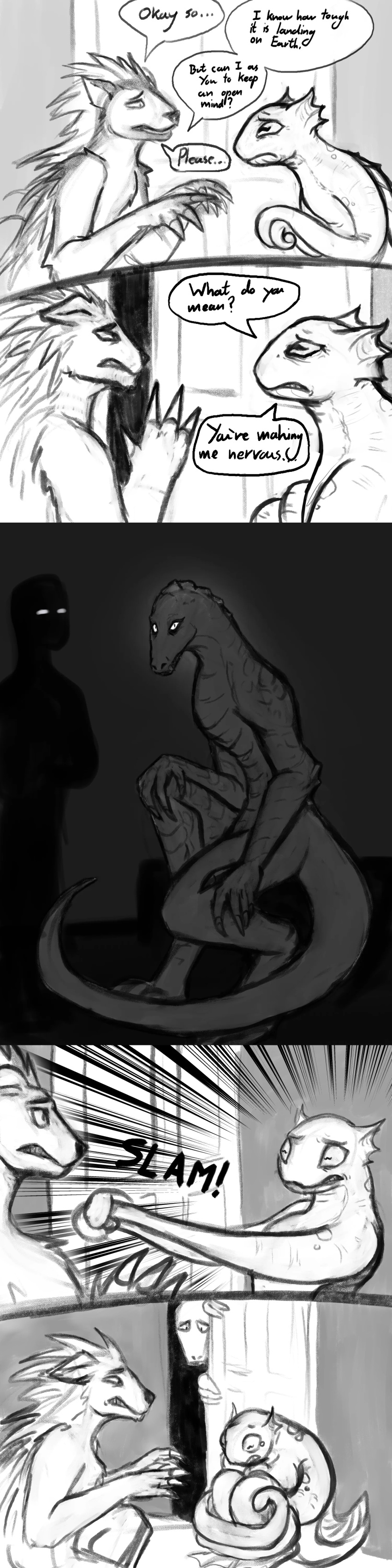 absurd_res alien ambiguous_gender amphibian anthro arxur_(the_nature_of_predators) aucel_(nature_of_predators) bodily_fluids claws clenched_teeth comic demon_deity dialogue door_slam ears_down english_text female gojid_(the_nature_of_predators) greyscale group hi_res horizontal_pupils human hunter_(nature_of_predators) kolshian_(the_nature_of_predators) looking_at_viewer male mammal monochrome nightmare_fuel onomatopoeia pivoted_ears pupils reptile scalie scared scary sharp_claws sound_effects sovlin_(the_nature_of_predators) speech_bubble spines talking_to_another tears teeth text the_nature_of_predators vysith_(the_nature_of_predators)
