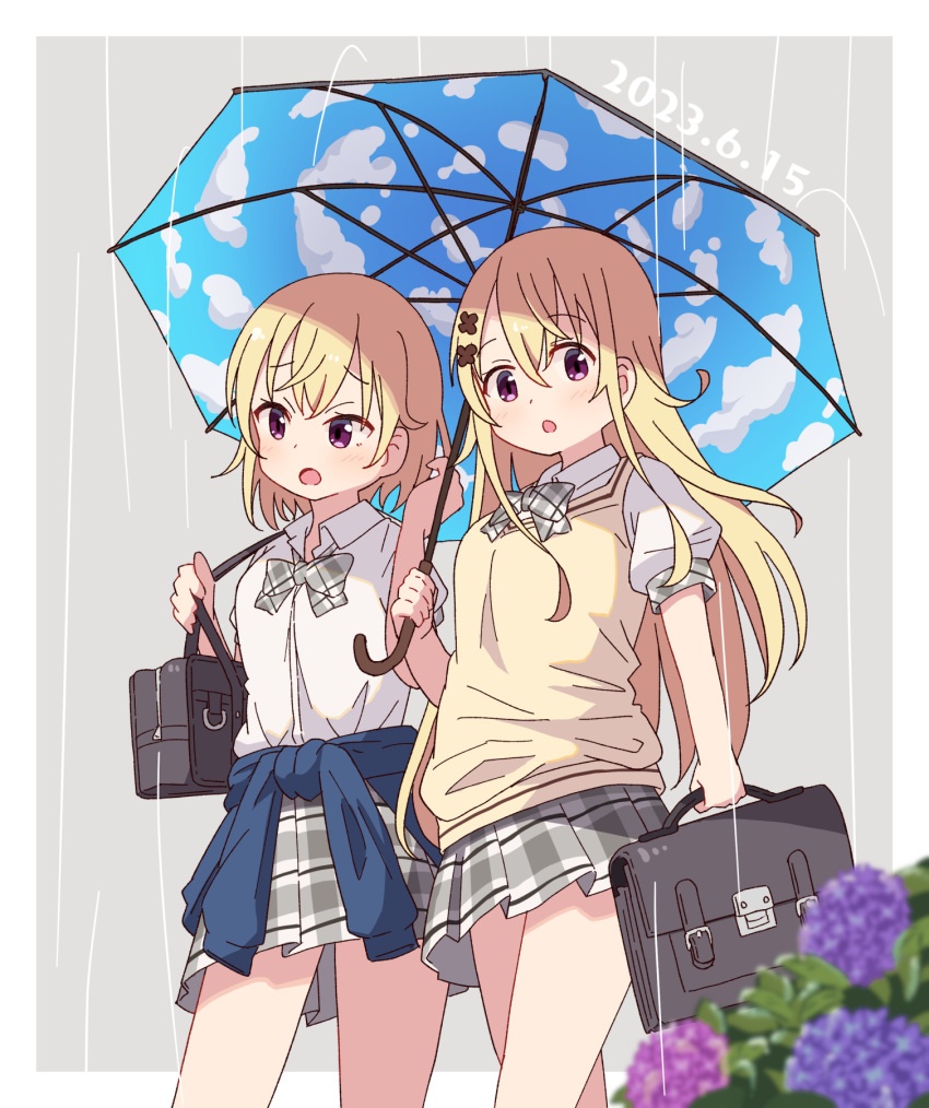 2girls :o bag black_bag blonde_hair blue_sweater bow bowtie breasts carrying carrying_bag clothes_around_waist collared_shirt commentary_request cowboy_shot dated flower gochuumon_wa_usagi_desu_ka? grey_background grey_bow grey_bowtie grey_skirt highres holding holding_umbrella jinja_eru jinja_natsume long_hair looking_at_viewer miniskirt mohei multiple_girls open_mouth plaid plaid_bow plaid_bowtie plaid_skirt pleated_skirt puffy_short_sleeves puffy_sleeves rain school_uniform shared_umbrella shirt short_hair short_sleeves sidelocks simple_background skirt small_breasts standing sweater sweater_around_waist sweater_vest umbrella white_shirt yellow_sweater