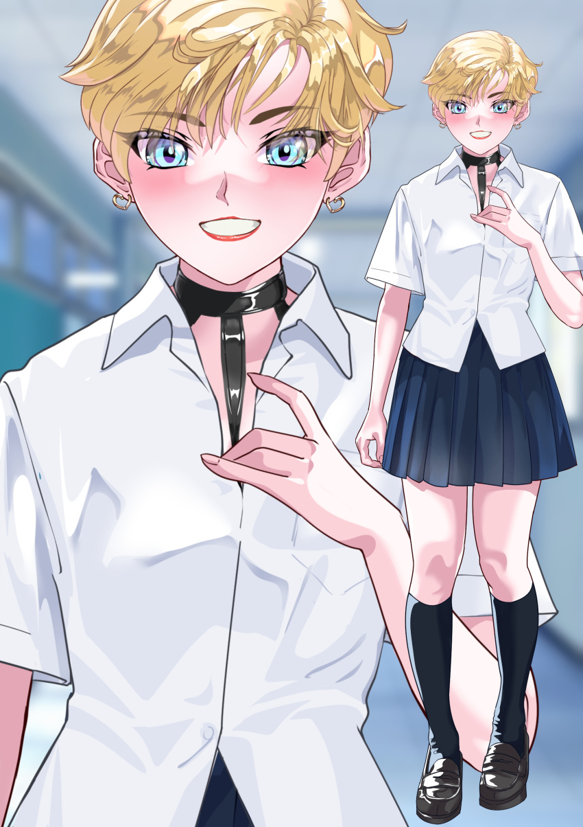 1girl absurdres arion_canvas bishoujo_senshi_sailor_moon blonde_hair blue_eyes blue_skirt earrings heart heart_earrings highres jewelry kneehighs lips loafers pleated_skirt shirt shoes short_hair skirt smile socks solo ten'ou_haruka uniform very_short_hair white_shirt