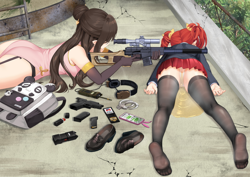 2girls black_jacket black_thighhighs brown_hair cellphone china_dress chinese_clothes commentary_request dress gun hair_bun hair_ribbon highres id_card jacket long_hair lying miniskirt multiple_girls mvv no_shoes on_stomach original paid_reward_available panties pee peeing peeing_self phone pink_dress pleated_skirt pointy_ears puddle red_hair red_skirt ribbon rifle shoes short_hair skirt smartphone smartphone_case sniper_rifle soles thighhighs twintails underwear unworn_shoes vss_vintorez weapon white_panties yellow_ribbon
