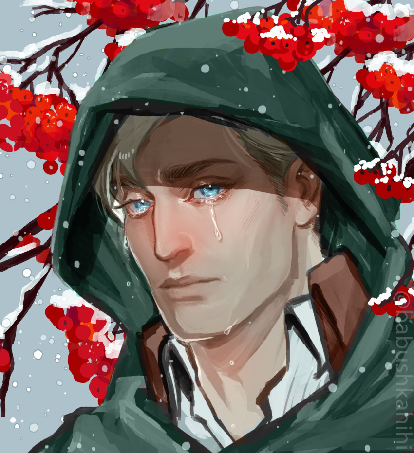 1boy babu_(babushkahihi) branch cloak crying crying_with_eyes_open erwin_smith eyelashes floral_background green_cloak highres looking_at_viewer male_focus paradis_military_uniform portrait shingeki_no_kyojin short_hair solo tears thick_eyebrows tree