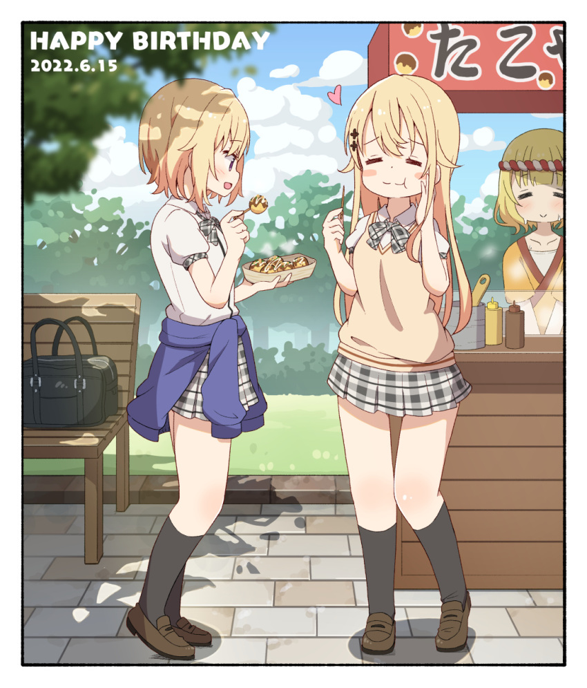 3girls bag bench black_bag black_socks blonde_hair blue_sky blue_sweater blush blush_stickers border bow bowtie breasts brown_footwear closed_eyes closed_mouth clothes_around_waist cloud collarbone collared_shirt commentary_request dated day eating facing_viewer flat_chest food food_stand full_body gochuumon_wa_usagi_desu_ka? grass grey_bow grey_bowtie grey_eyes grey_skirt hair_between_eyes happy_birthday highres holding holding_food japanese_clothes jinja_eru jinja_natsume kimono kirima_syaro kneehighs loafers looking_at_another miniskirt mohei multiple_girls open_mouth outdoors plaid plaid_bow plaid_bowtie plaid_skirt pleated_skirt puffy_short_sleeves puffy_sleeves school_uniform shadow shirt shoes short_hair short_sleeves siblings sidelocks sisters skirt sky small_breasts smile socks standing sweat sweater sweater_around_waist sweater_vest takoyaki toothpick tree twins white_border white_shirt yellow_kimono yellow_sweater yukata