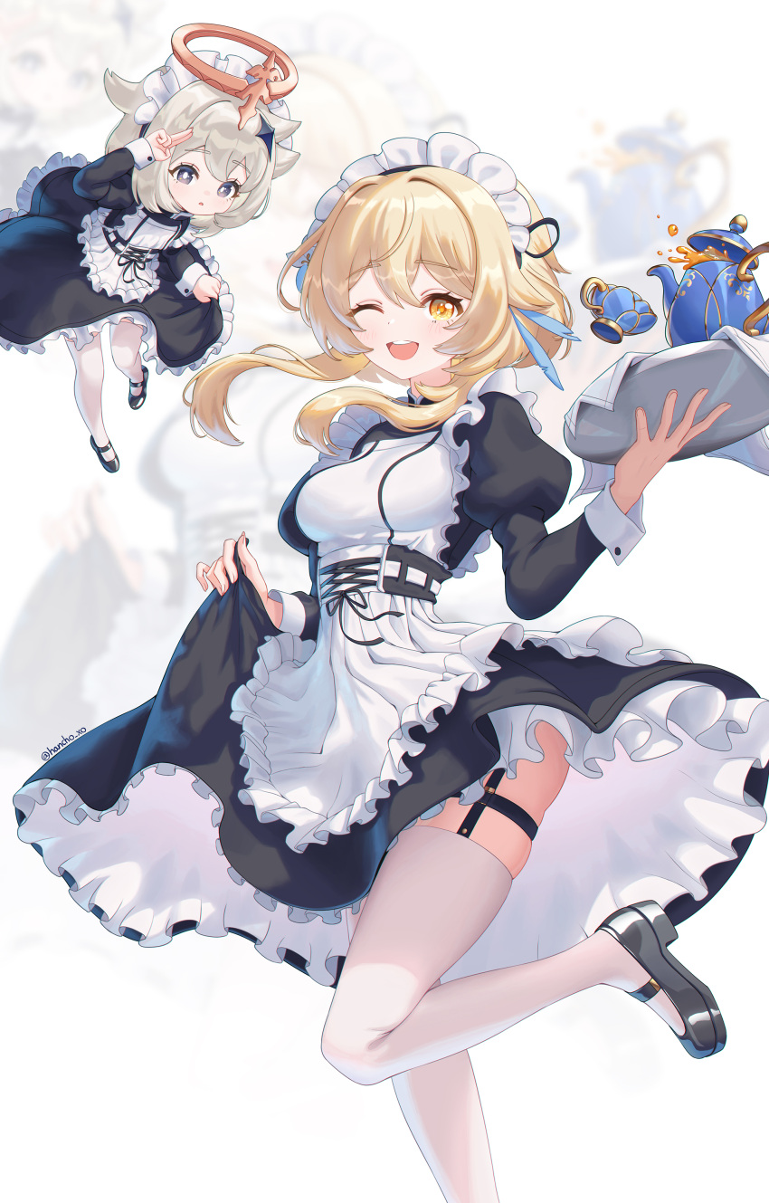 2girls absurdres alternate_costume apron black_dress blonde_hair dress enmaided frilled_apron frills garter_belt garter_straps genshin_impact hair_ornament halo hancho highres holding holding_tray looking_at_viewer lumine_(genshin_impact) maid maid_apron maid_headdress mary_janes multiple_girls open_mouth paimon_(genshin_impact) puffy_sleeves shoes smile thighhighs tray waist_apron white_apron white_hair white_thighhighs wrist_cuffs yellow_eyes zettai_ryouiki