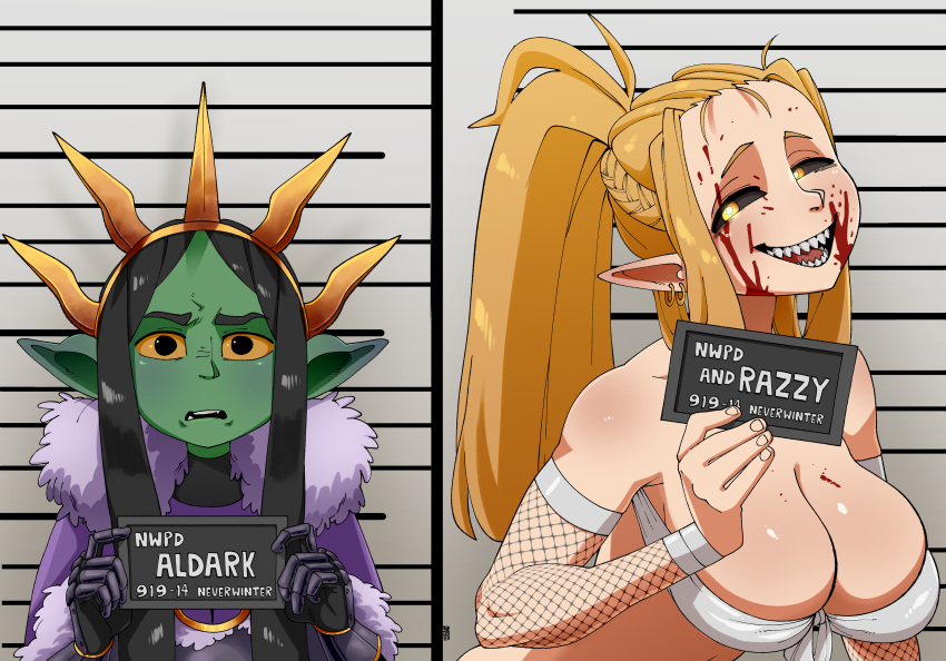 absurd_res armwear black_hair blonde_hair breasts cleavage clothed clothing duo elf female fishnet fishnet_armwear green_body green_skin hair hi_res humanoid humanoid_pointy_ears looking_at_viewer not_furry nuclearwasabi smile