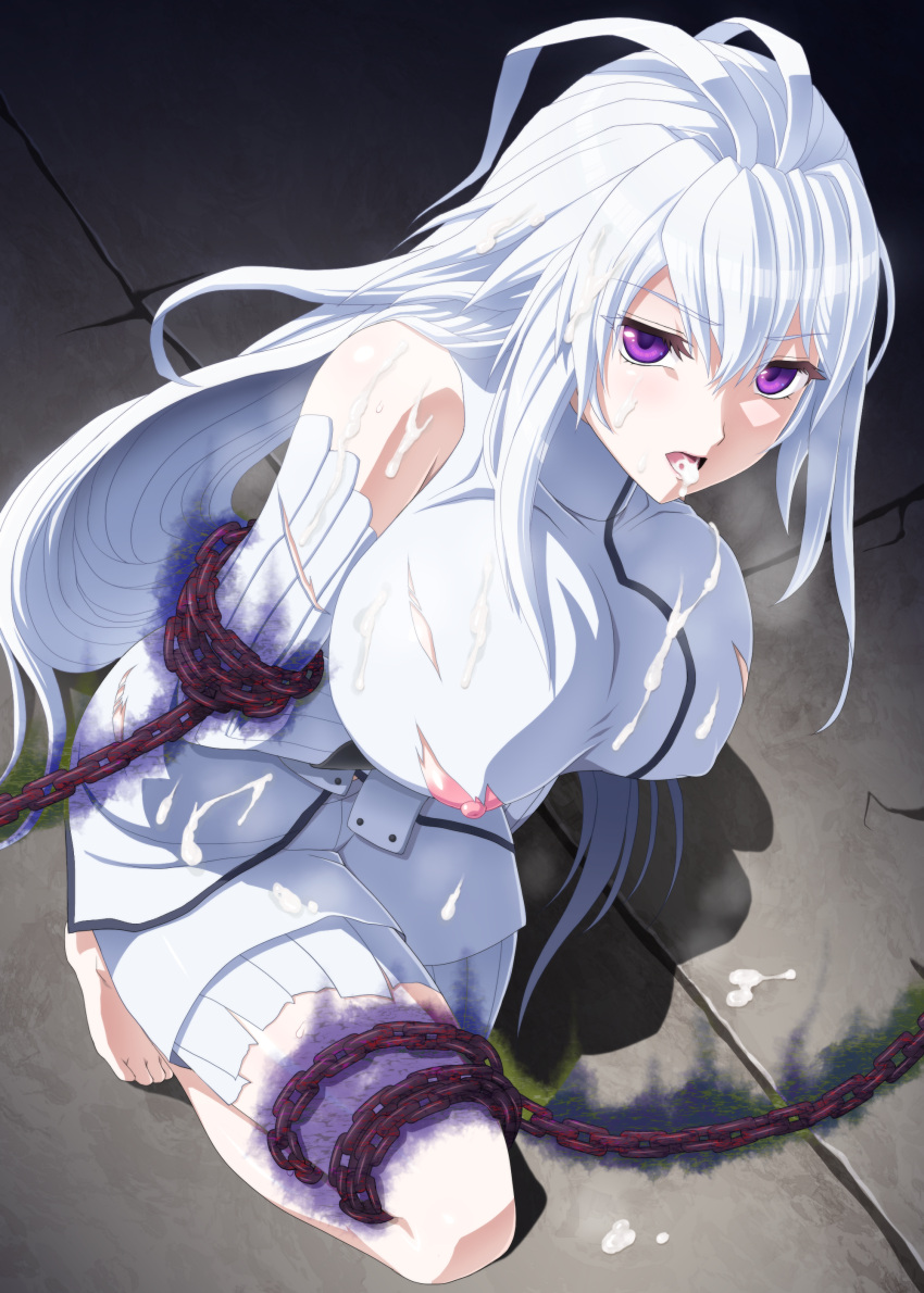 1girl absurdres antenna_hair barefoot breasts chain chained commission commissioner_upload covering_one_nipple crack cracked_floor cum cum_in_mouth cum_on_body douluo_dalu full_body furrowed_brow glowing_chain gu_yuena highres large_breasts long_hair mature_female mucoro nipples non-web_source open_mouth purple_eyes shorts skeb_commission solo stone_floor tongue torn_clothes white_hair