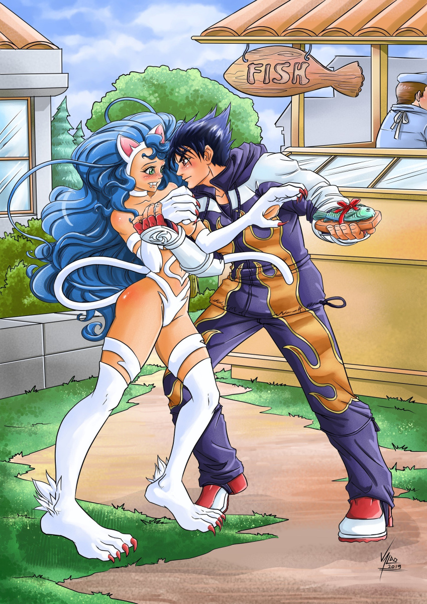 animal_humanoid blue_hair breasts capcom claws clothing cloud crossover darkstalkers day duo eye_contact felicia_(darkstalkers) felid felid_humanoid feline feline_humanoid female fish footwear fur grass hair hand_holding hi_res human humanoid jin_kazama light_body light_skin long_hair looking_at_another male mammal mammal_humanoid marine plant side_boob signature tekken viniciusmt2007 white_body white_fur