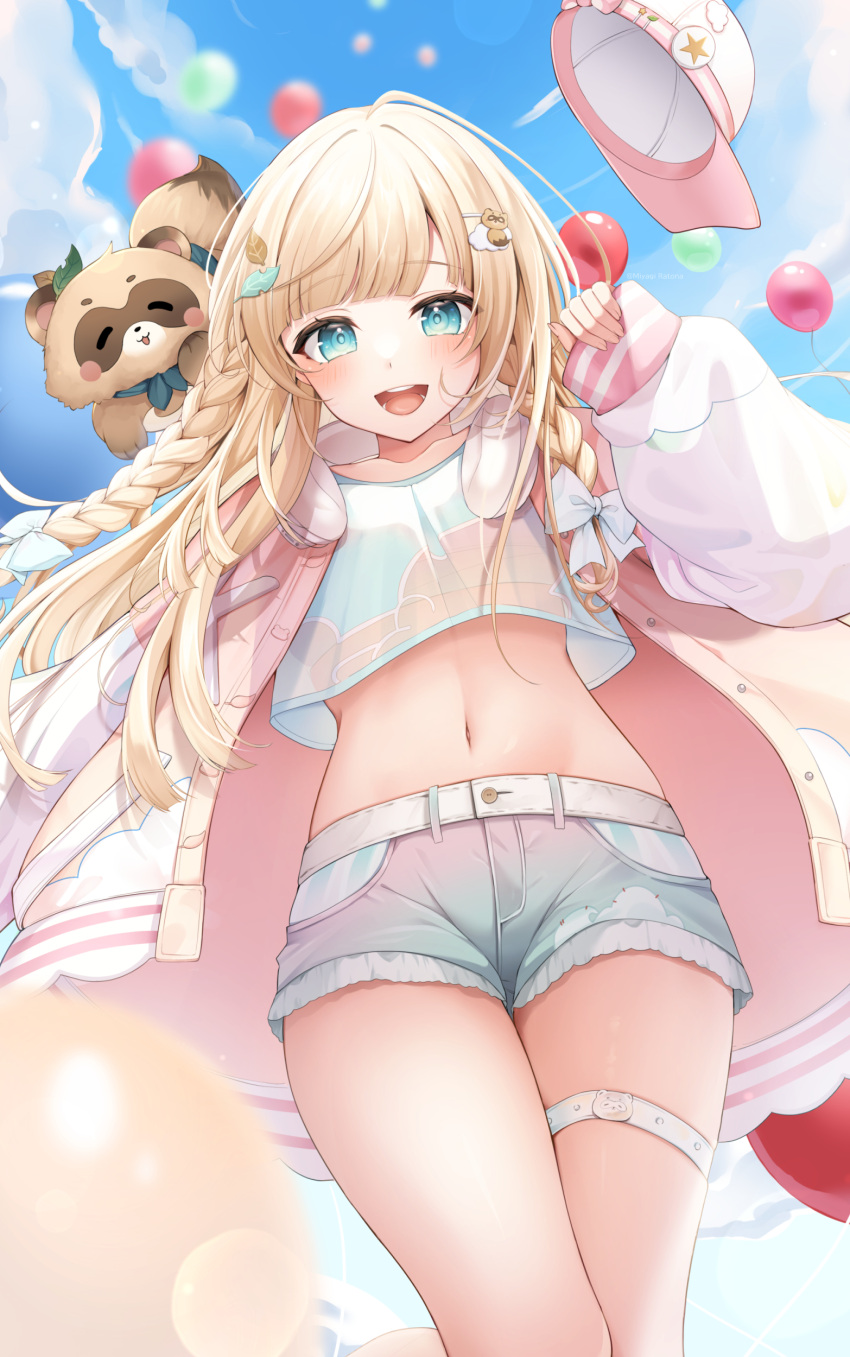 1girl absurdres baseball_cap blonde_hair blue_eyes blue_shirt blue_shorts blunt_bangs bow braid crop_top crop_top_overhang day denim denim_shorts gradient_clothes gradient_shorts hair_bow hair_ornament hairclip hand_up hat headphones headphones_around_neck highres hololive jacket kazama_iroha kazama_iroha_(streetwear) long_hair long_sleeves looking_at_viewer midriff miyagi_ratona navel official_alternate_costume open_clothes open_jacket open_mouth outdoors pink_jacket see-through shirt short_shorts shorts smile solo standing stomach thigh_strap thighs twin_braids unworn_hat unworn_headwear virtual_youtuber