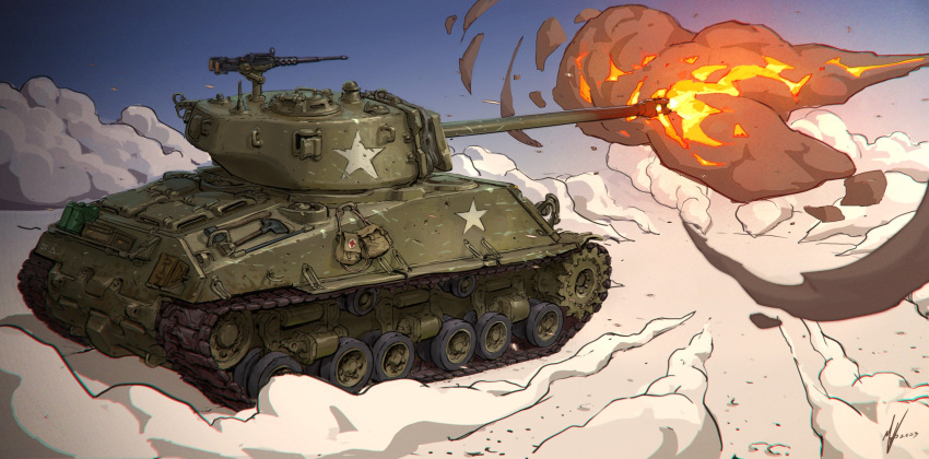 blue_sky browning_m2 caterpillar_tracks cross firing gun heavy_machine_gun highres m4_sherman machine_gun michal_kus military_vehicle motor_vehicle no_humans original red_cross sky smoke star_(symbol) tank united_states_army vehicle_focus weapon wheel