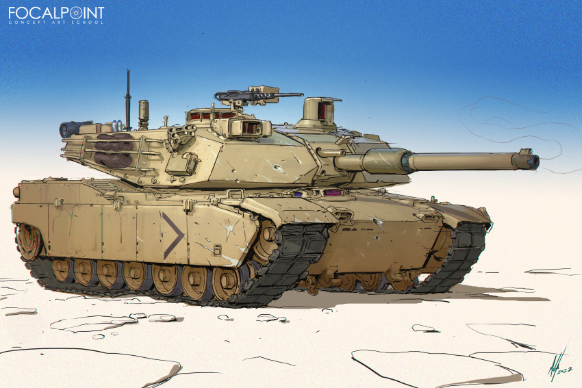 blue_sky bottle browning_m2 bullet_hole cannon caterpillar_tracks english_text gun heavy_machine_gun highres m1_abrams machine_gun michal_kus military_vehicle motor_vehicle no_humans original sky smoke tank vehicle_focus water_bottle weapon wheel