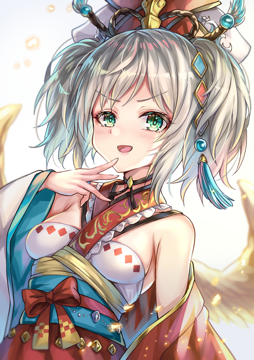 1girl akami770 armpits breasts collar dress feathered_wings frills gem gold green_eyes grey_hair hair_ornament highres japanese_clothes jewelry kimono layered_dress medium_breasts obi off_shoulder open_mouth print_kimono resplendent_phoenix_(shadowverse) sash shadowverse short_hair short_twintails simple_background single_bare_shoulder smile solo tongue twintails upper_body white_background white_headwear wide_sleeves wings
