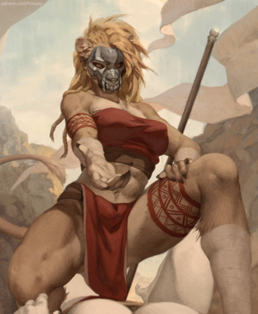 2023 anthro anthro_pov arm_tattoo biped blonde_hair bottomwear claws clothing crouching crouching_over_viewer digital_media_(artwork) felid female female_pov finger_claws first_person_view fur hair hi_res honovy leg_tattoo lion loincloth looking_at_viewer mammal offering_hand outside pantherine tan_body tan_fur tattoo