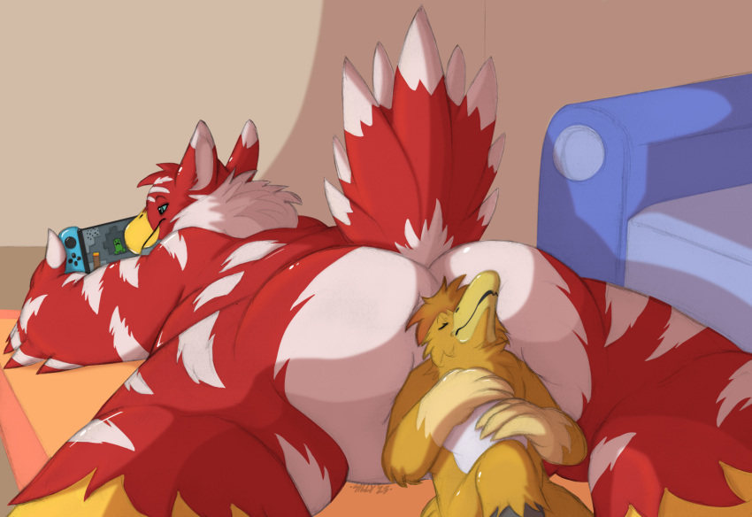 anthro avian big_butt bird butt butt_pillow chubby_anthro chubby_male controller digital_media_(artwork) duo feathers furniture game_controller hair hi_res huge_butt larger_male male male/male microsoft minecraft mojang nintendo nintendo_switch nude on_ground owl sillywerwolf size_difference sleeping slightly_chubby smaller_male sofa tail_feathers thick_thighs wide_hips xbox_game_studios