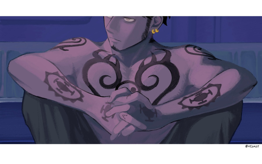 1boy arm_tattoo bags_under_eyes black_hair border chest_tattoo closed_mouth earrings facial_hair hand_tattoo highres jewelry long_sideburns male_focus ntsmst one_piece outside_border own_hands_clasped own_hands_together pants short_hair shoulder_tattoo sideburns sitting solo tattoo topless_male trafalgar_law twitter_username white_border yellow_eyes