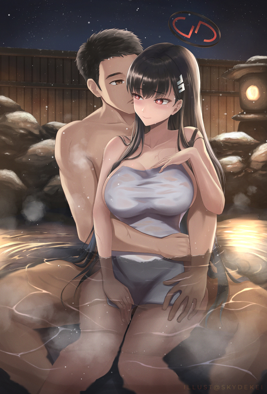 1boy 1girl bathing black_hair blue_archive breasts brown_eyes commentary commission fence hair_ornament hairclip halo hetero highres large_breasts mixed-sex_bathing naked_towel night night_sky onsen red_eyes rio_(blue_archive) rock shared_bathing sitting sky skyde_kei towel water