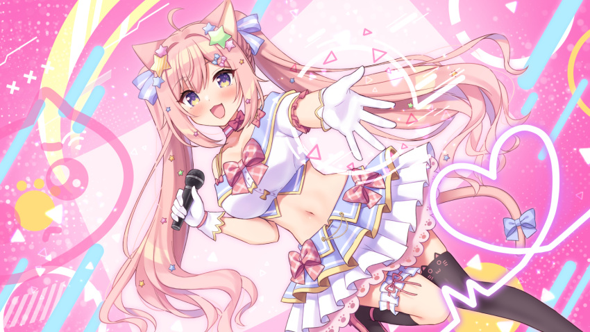 1girl animal_ears asymmetrical_legwear blush breasts bridal_garter cat_ears cat_tail choker crop_top dutch_angle enomiya_milk gloves hair_ornament highres holding holding_microphone large_breasts long_hair looking_at_viewer microphone navel noripro open_mouth pink_hair pleated_skirt purple_eyes single_thighhigh skirt solo star_(symbol) star_hair_ornament sumisaki_yuzuna tail thighhighs twintails uneven_legwear virtual_youtuber white_gloves
