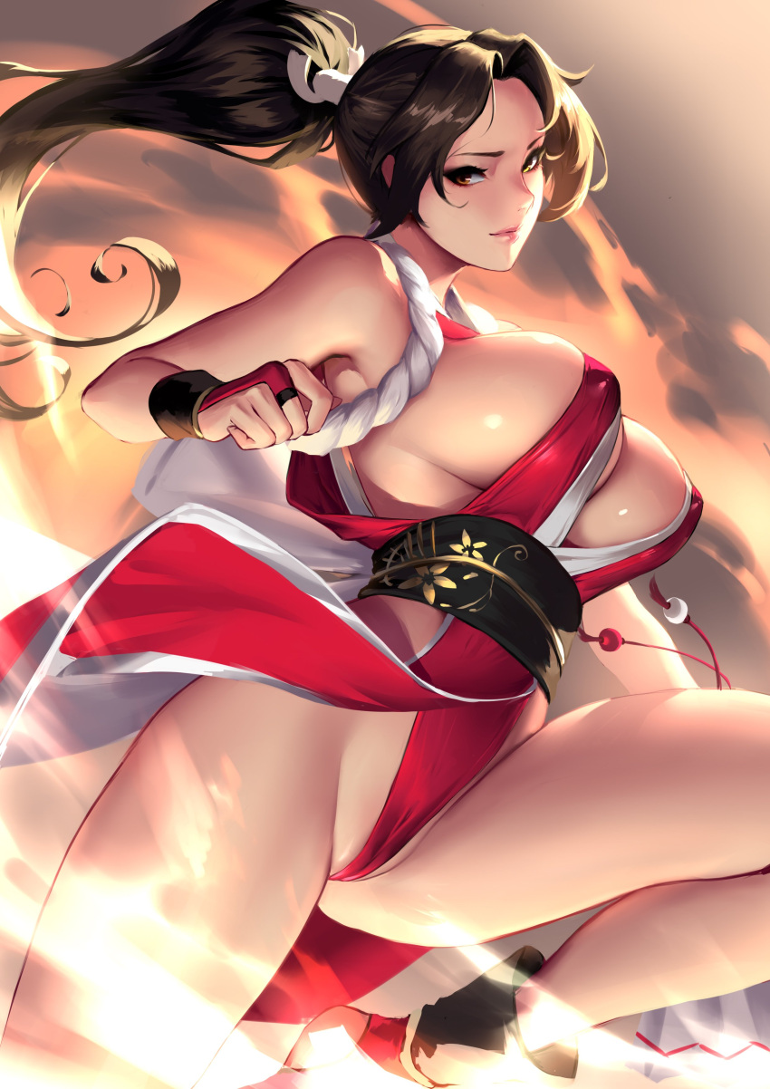 1girl absurdres bare_shoulders bouncing_breasts breasts brown_eyes brown_hair cian_yo cleavage clenched_hand commentary_request fatal_fury fighting_stance gloves high_ponytail highres japanese_clothes large_breasts leg_up legs looking_at_viewer ninja obi partially_fingerless_gloves pelvic_curtain pink_lips ponytail red_footwear revealing_clothes ribbon rope sash shiranui_mai solo sweat sweatdrop the_king_of_fighters thighs thong underboob white_ribbon