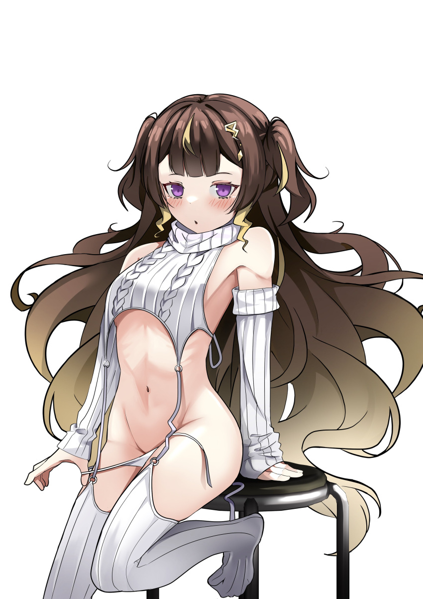 1girl absurdres anya_melfissa arm_support blonde_hair blunt_bangs blush breasts brown_hair cropped_sweater foot_out_of_frame gradient_hair highres hololive hololive_indonesia long_hair meme_attire multicolored_hair navel open_mouth panties purple_eyes raikkonen ribbed_sleeves ribbed_thighhighs ribs side-tie_panties simple_background small_breasts solo stool streaked_hair sweater two_side_up underwear untied_panties very_long_hair virgin_destroyer_sweater virtual_youtuber white_background white_panties white_sweater