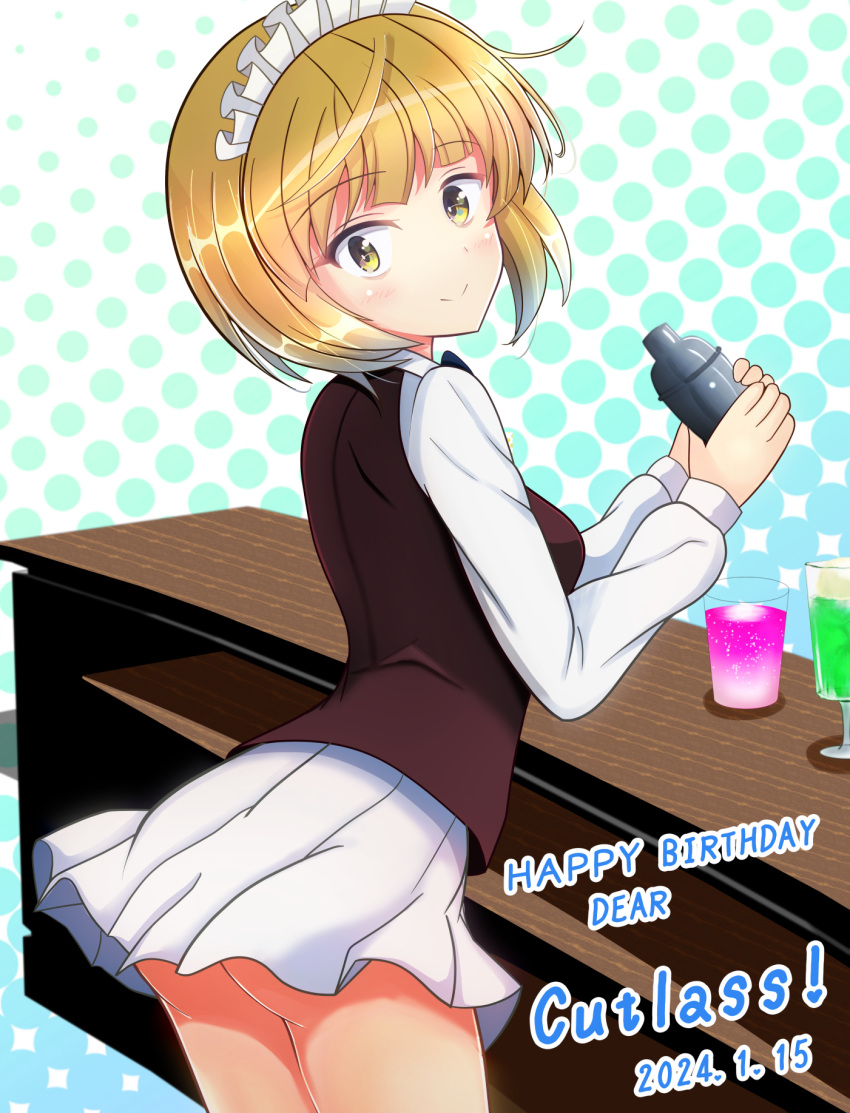 1girl ass blonde_hair blush breasts character_name closed_mouth cutlass_(girls_und_panzer) dated girls_und_panzer happy_birthday highres kumaisao looking_at_viewer maid_headdress miniskirt no_panties short_hair skirt small_breasts smile solo waitress white_skirt yellow_eyes