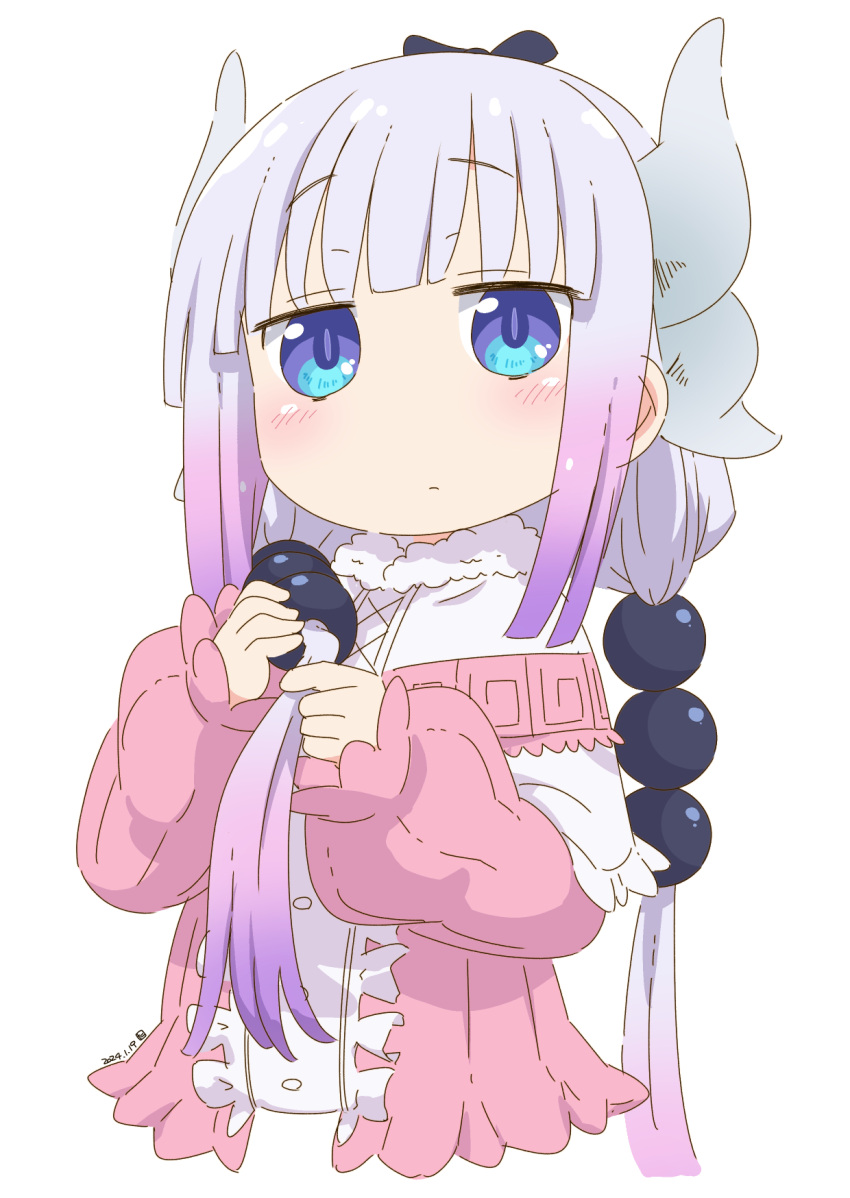 1girl beads blue_eyes blush capelet closed_mouth cropped_torso dated dragon_girl dragon_horns dress gradient_hair hair_beads hair_ornament highres horns kanna_kamui kobayashi-san_chi_no_maidragon long_hair long_sleeves looking_at_viewer low_twintails multicolored_hair playing_with_own_hair purple_dress purple_hair samansa_ex simple_background slit_pupils solo twintails white_background