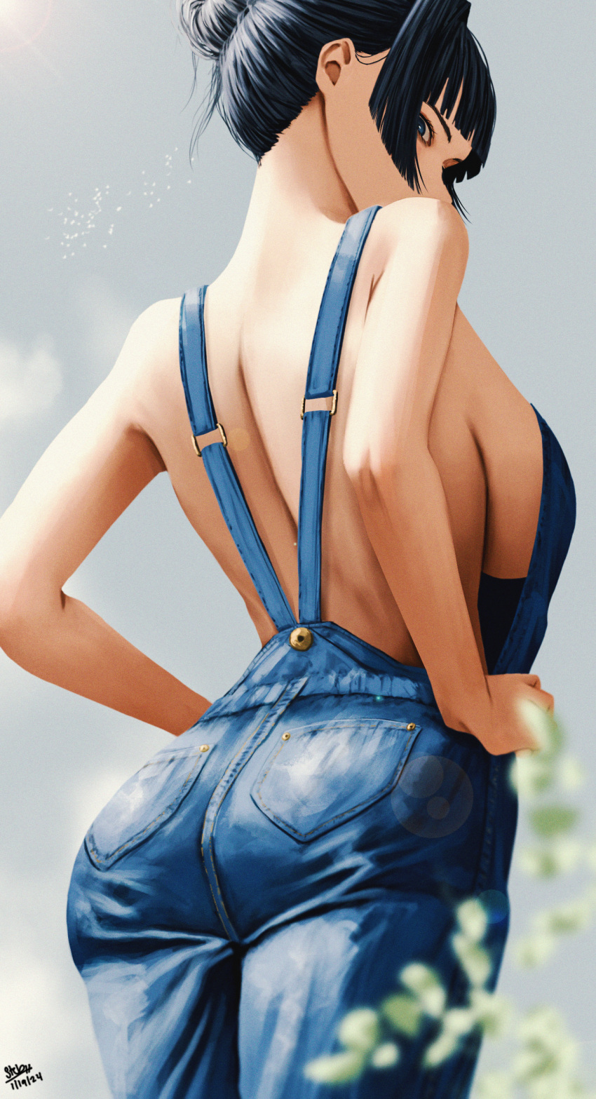 1girl absurdres alternate_costume alternate_hairstyle ass blue_eyes blue_hair blurry blurry_foreground breasts dark_blue_hair denim_overalls hair_bun highres hololive hololive_english large_breasts looking_at_viewer looking_back naked_overalls ouro_kronii overalls sideboob signature simple_background solo steb virtual_youtuber